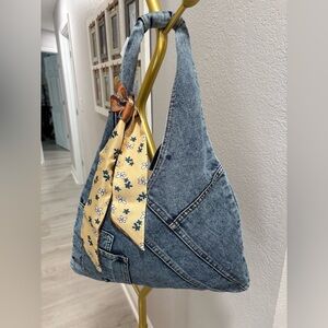 Denim Shoulder Bag with Floral Accent